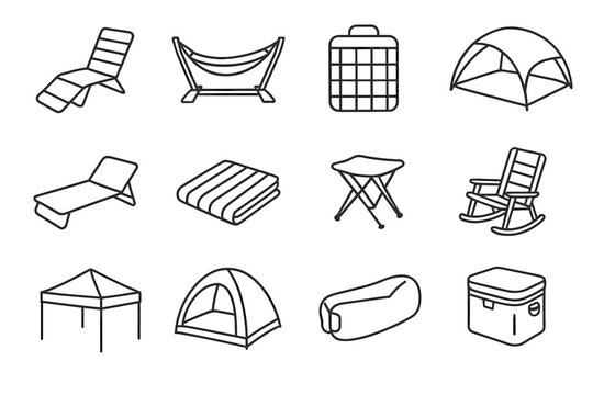 Campfire icons relaxation camp icon rocker cooler seat inflatable mosquito outdoor vector