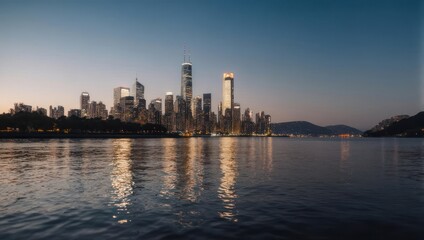 Fototapeta premium City skyline at twilight with reflection in calm water and hills in distance