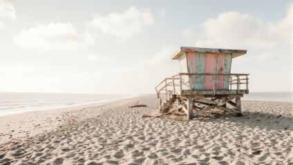 Coastal lifeguard station on sandy beach under cloudy sky, serene scene