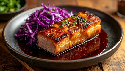 A gourmet pork belly dish with crispy golden skin and tender layered meat, plated beside vibrant purple cabbage slaw, rich sauce pooling on a ceramic plate, soft restaurant lighting, high-detail food.