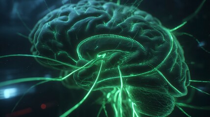A luminous, detailed 3D rendering of a human brain, with neon green neural pathways, set against a dark background