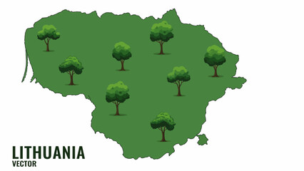 Vibrant green map of Lithuania dotted with healthy trees symbolizing ecological richness and