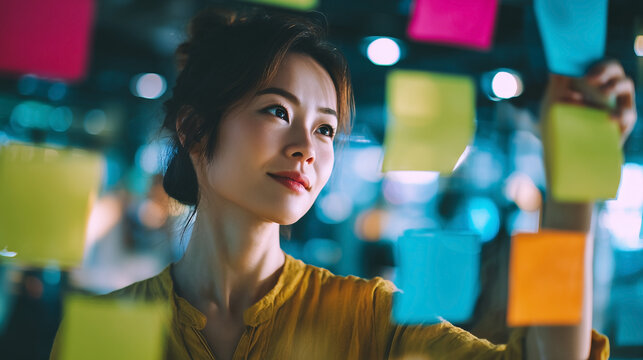 A woman is holding a stack of colorful sticky notes