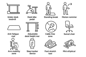 Mini vector elliptical mobility set mat desk tool movement foot icon motion