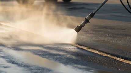 Close-up of a person power washing a surface, creating a hazy mist of water droplets that catch the light, highlighting the cleaning process and the wet ground surface.