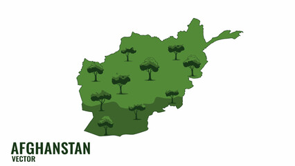 Geographical outline of Afghanistan rendered in verdant tones with a symbolic forestation pattern
