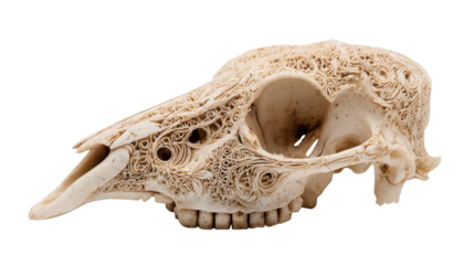 Ornate animal skull depicting intricate filigree patterns carved into bone, representing life, death, and artistic craftsmanship