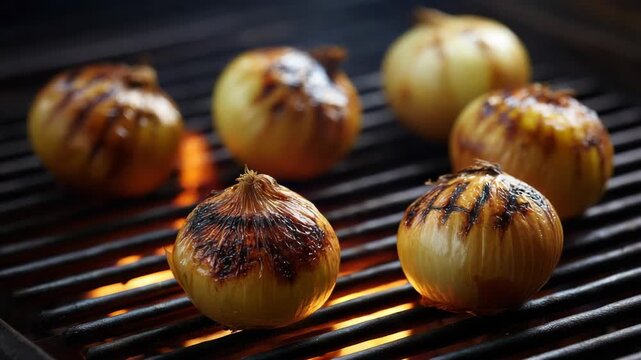 Whole onions grilling over open flames on a barbecue grill with char marks