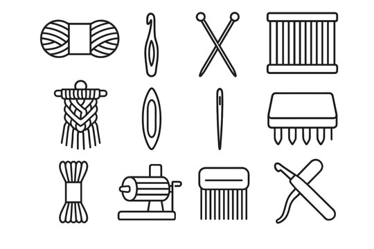Embroidery macrame tool textile icon vector board needle shuttle floss icons tapestry