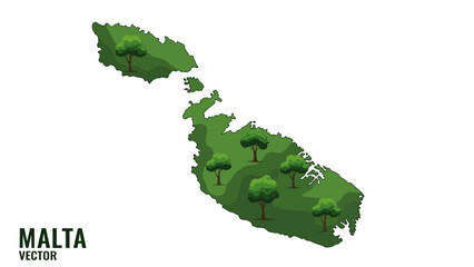 Fototapeta premium Vibrant green map of the Maltese islands adorned with lush trees, symbolizing ecological growth