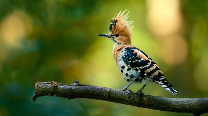 Vibrant hoopoe bird perched on tree branch in forest
