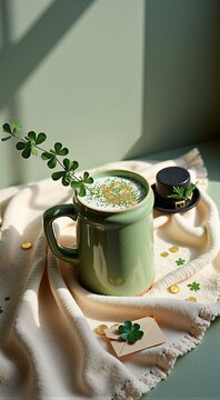 Festive green latte with clover decor and st. patrick's day theme