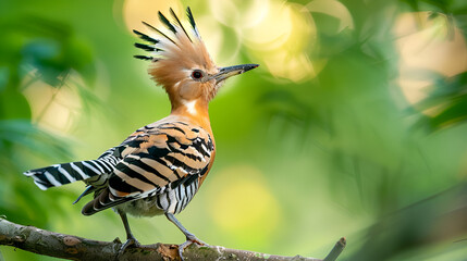 Vibrant hoopoe bird perched on branch with crest raised outdoors