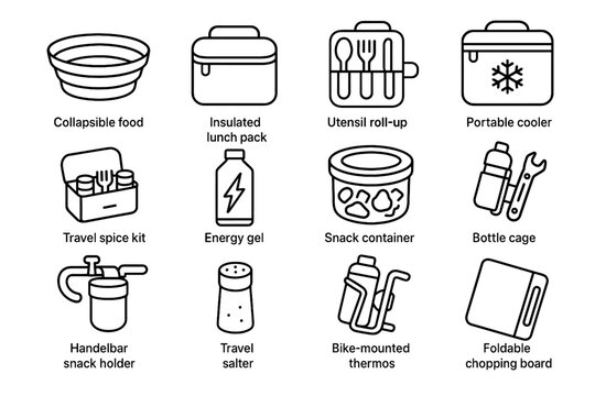 Container touring food gel pack icon cooler bike travel vector utensil kit