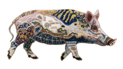 Wild boar creating an art tapestry, walking on a transparent background, textile animal with colorful fabric patterns