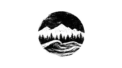 Naklejka premium Hand-drawn circular black and white illustration of mountains, forest trees, and an ocean wave for nature concepts