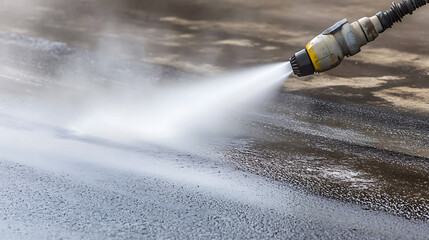 Pressure washing a surface removes dirt and grime, revealing a cleaner surface. The high-pressure water stream efficiently cleans the area, resulting in improved cleanliness.