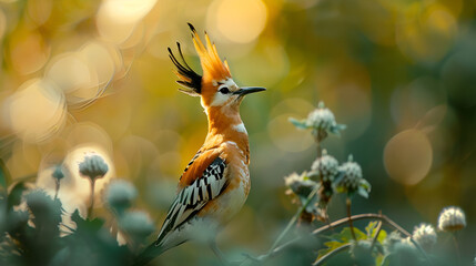 Vibrant hoopoe bird perched on flowers in sunny garden