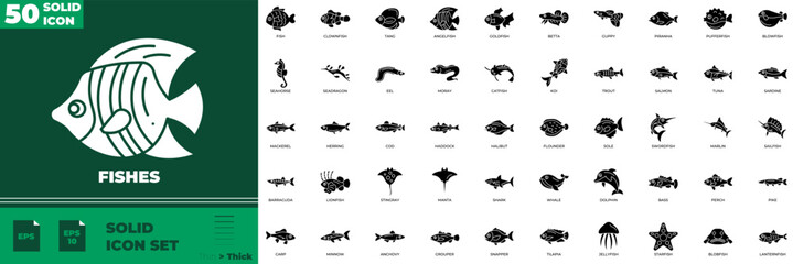 Fishes Solid Editable Icons set