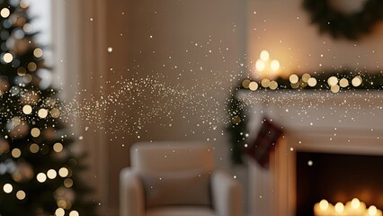 Cozy Christmas Eve Magic Sparkling Golden Dust Dances Through a Warm, Festively Decorated Living Room with a Twinkling Tree and a Glowing Fireplace