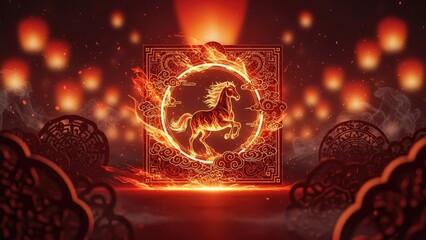 Fiery Horse Zodiac symbol illuminates Chinese New Year celebration, surrounded by glowing lanterns and traditional patterns, embodying prosperity and festive cultural spirit