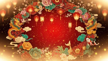Vibrant Lunar New Year Celebration Backdrop with Majestic Golden Dragons, Blooming Peonies, and Illuminated Lanterns, Symbolizing Prosperity and Good Fortune
