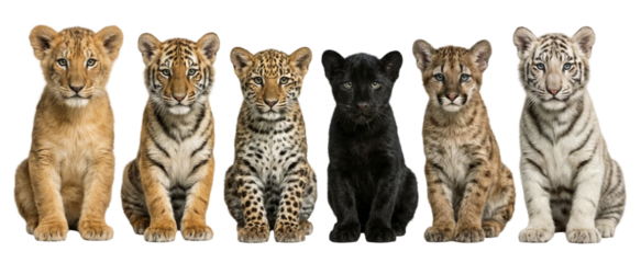 set of cute big cat cubs including lion tiger and jaguar sitting isolated on a transparent background