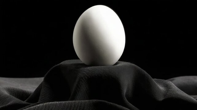 Single white egg balanced on dark fabric against a black background