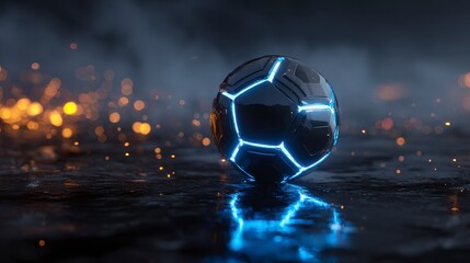 A futuristic soccer ball glows with electric blue lines amidst fiery sparks and misty atmosphere against a reflective, dark surface