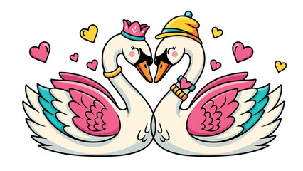 Joyful cartoon swans with hat and crown forming heart shape surrounded by small hearts on isolated white background © Leomord