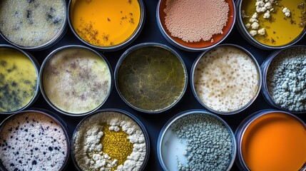 A collection of petri dishes displaying diverse bacterial colonies and fungal growth in a laboratory setting showcasing scientific research and analysis