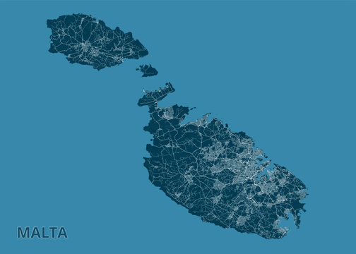 A detailed map of Malta is displayed against a solid blue background. The map itself is rendered in a darker shade of blue, with intricate white lines representing roads and urban areas.