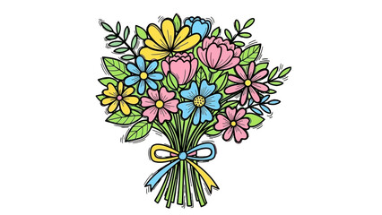 Vibrant Colorful Flower Bouquet Tied with Yellow and Blue Ribbon, isolated white background.