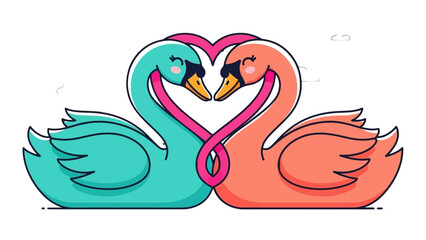Cute cartoon swans forming a heart shape with their necks, isolated white background. © Leomord