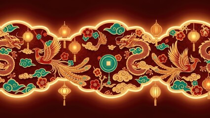 Vibrant Oriental Banner Adorned with Majestic Dragons, Phoenixes, and Festive Lanterns &ndash; A Symbol of Prosperity and Cultural Richness
