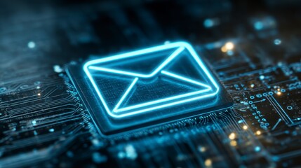 Illuminated electronic mail icon, glowing on integrated circuit board with intricate details, symbolizing digital communication