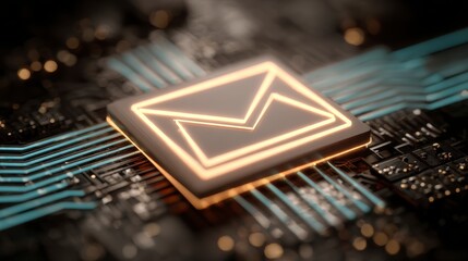 Close-up view of a glowing digital envelope icon integrated into a computer's circuit board, emphasizing email and communication technology