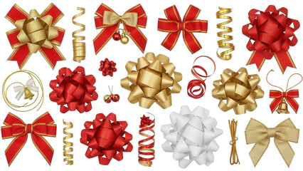 A vibrant collection of intricately designed, glossy gift bows in various colors including red, gold, and white, crafted from shimmering ribbon material with, isolated on transparent background.
