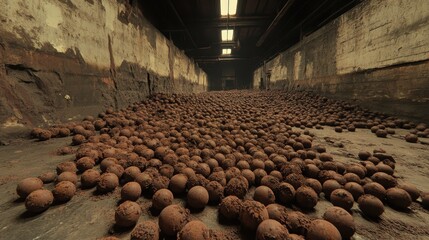 A vast pile of rusted ball bearings scattered across the grimy concrete floor of a dark industrial hallway