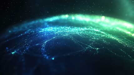 Abstract network of luminous blue and green lights resembling a galaxy or digital structure