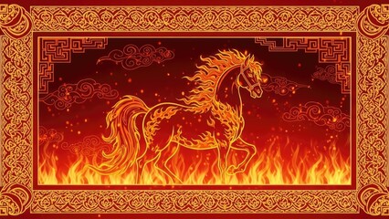 Fiery Gallop Majestic Horse Amidst Blazing Flames and Ornamental Borders