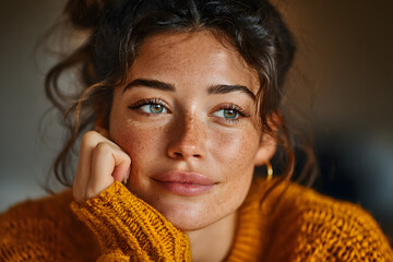 Independent and confident millennial. Head shot portrait profile picture at social media of young casual beautiful woman student freelance worker posing at home looking at camera talking by video call