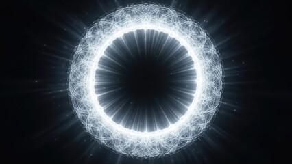 Abstract glowing circular energy portal with cosmic particles radiating outwards, representing science and mystery