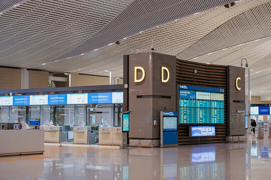 December 27, 2025, Incheon, South Korea - The empty check-in counter area at Incheon International Airport Terminal 2.