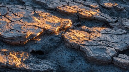 Close up on sun baked layered clay with deep intersecting cracks showing a natural dry earth texture