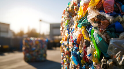 Close-up of compacted colorful plastic waste at a recycling center shows the potential for environmental stewardship and waste reduction. Sustainable living concepts are key.