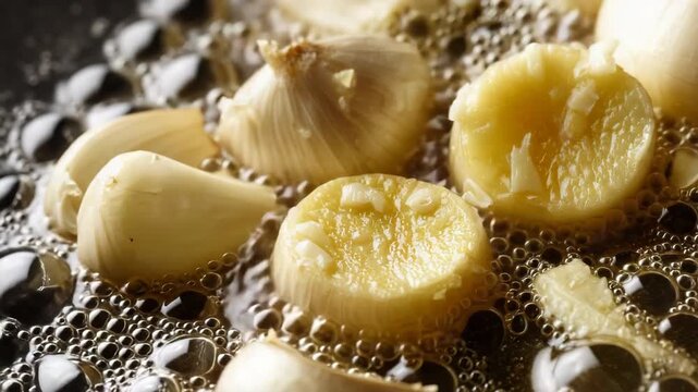 Close-up of garlic cloves sizzling in hot oil, releasing aromatic flavor