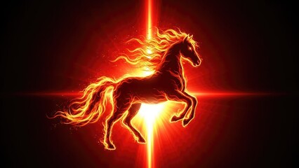 Fiery steed galloping through a radiant cosmic nebula, a symbol of untamed power and ethereal beauty