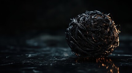 Intricate woven metallic threads forming a dense textured sphere in dark lighting