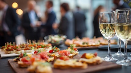 Close-up of appetizers and wine glasses on a table set for a social gathering. Blurry figures of guests in the background